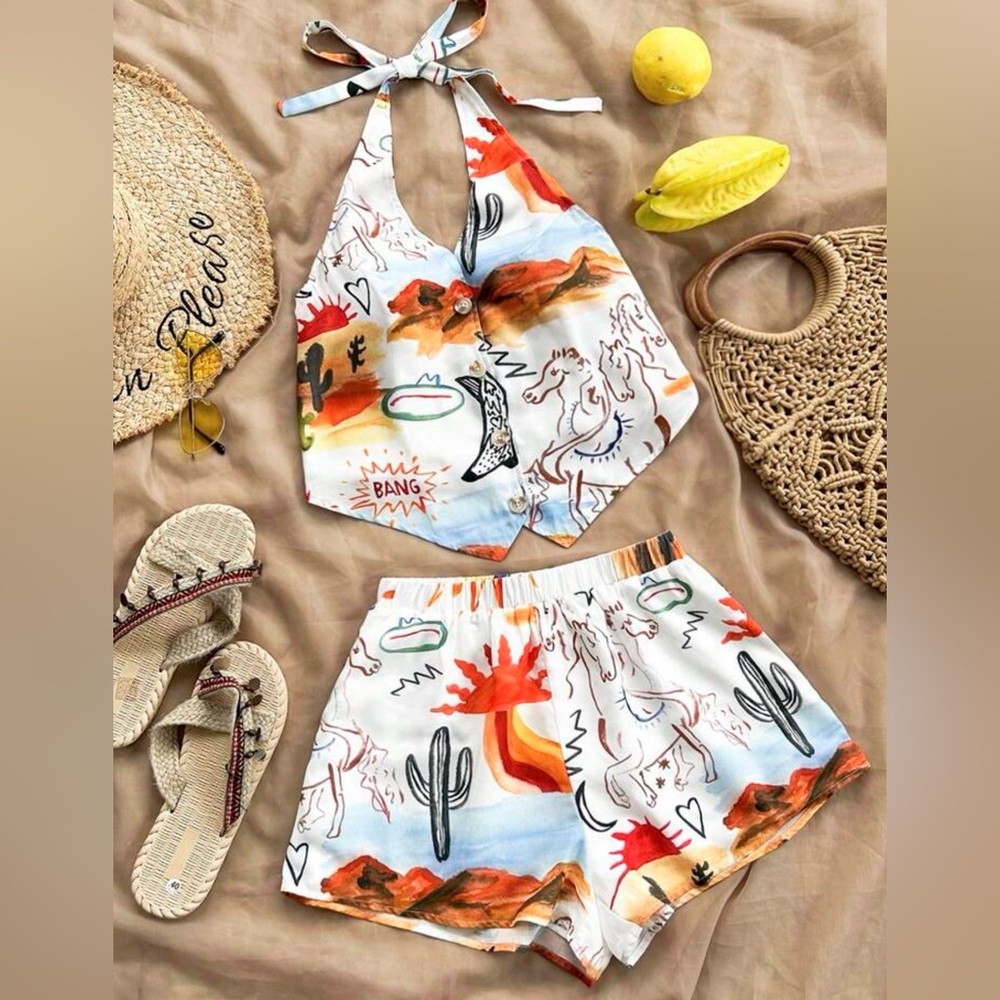 SHEIN western Cowboy Graphic Halter and Shorts resortwear set